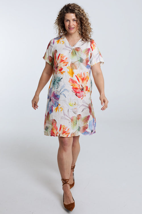 Robe en lin imprimé fleurs-Paprika-8