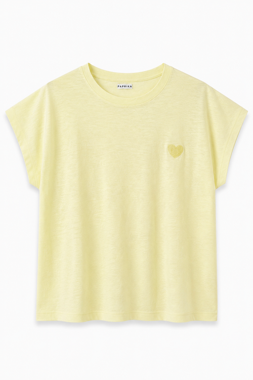 Effen katoenen T-shirt met textuur + geborduurd hart-Paprika-1