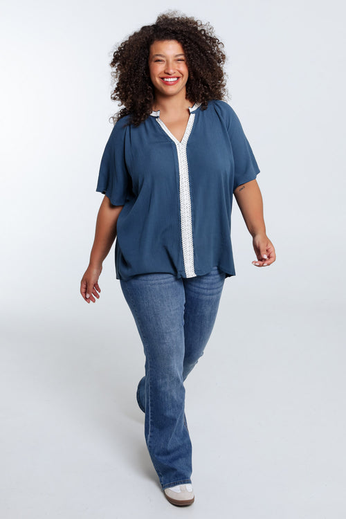 Effen viscose blouse met macramé-Paprika-9