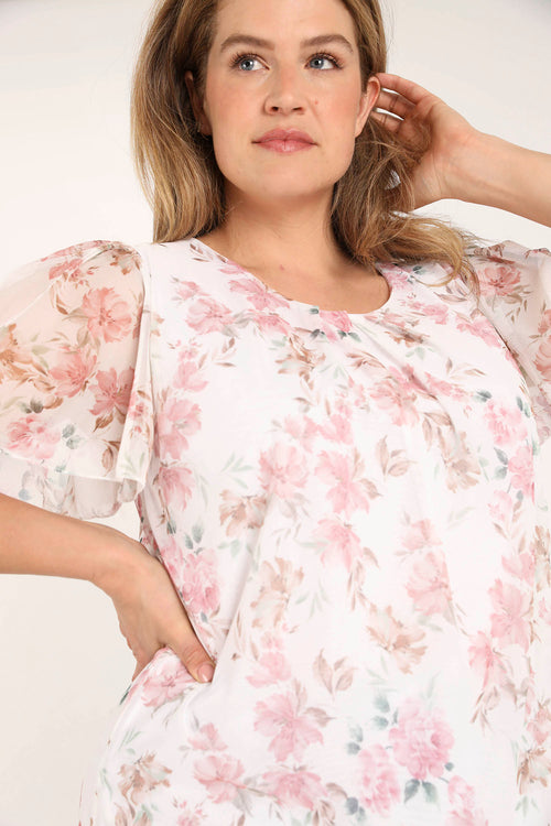 T-shirt en résille imprimé fleuri-Paprika-4