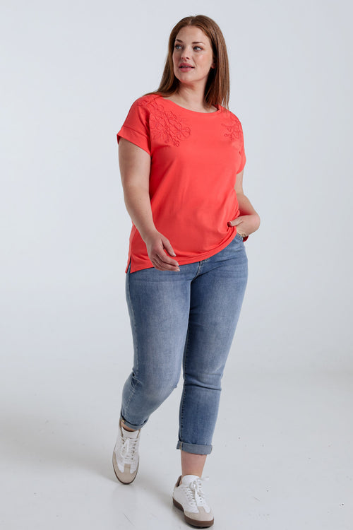 T-shirt en coton uni avec fleurs brodées-Paprika-8