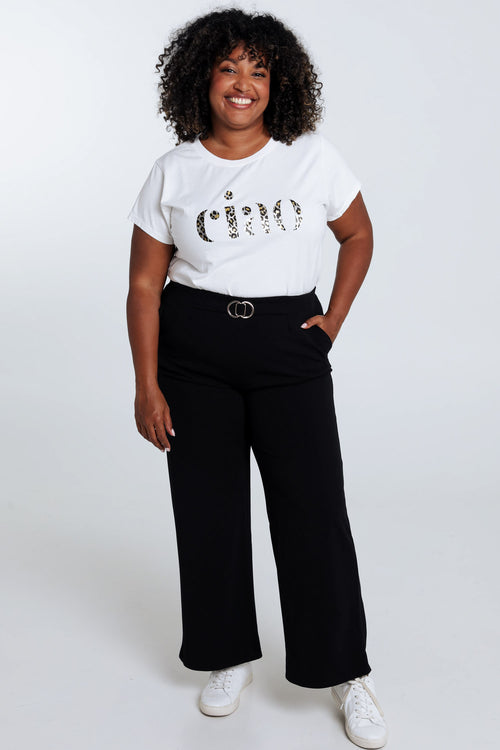 Effen rechte broek met halve riem met gouden gesp-Paprika-7