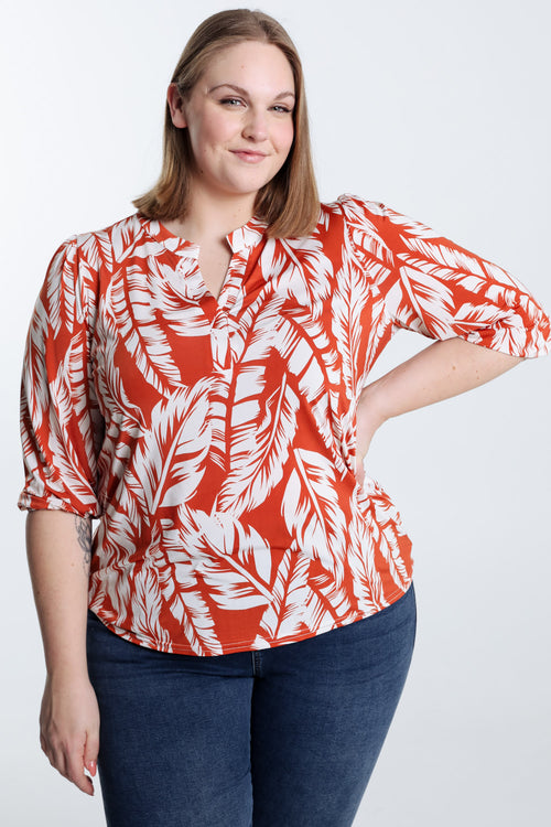  T-shirt met bladprint-Paprika-2