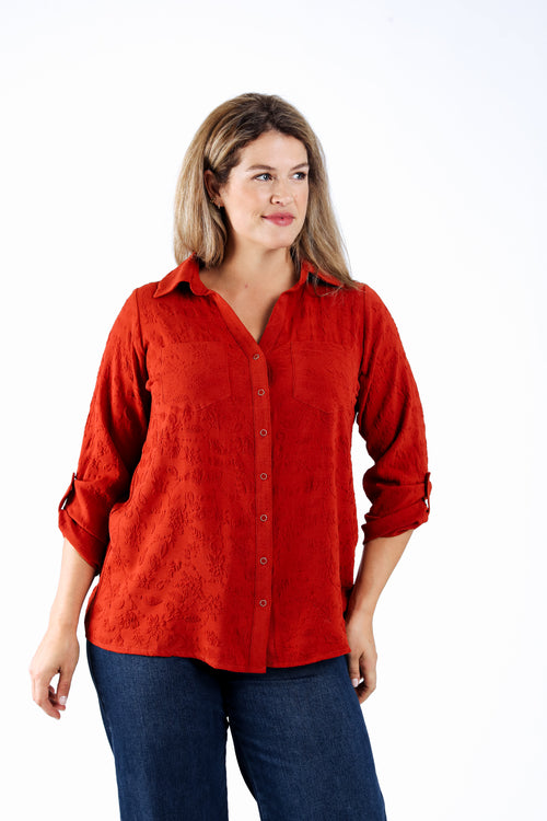 Chemise unie avec motif fleurs en relief-Paprika-2