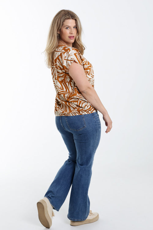 Blouse van bicolor bladprint viscose-Paprika-2