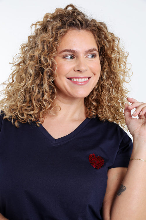 T-shirt en coton uni avec coeur en sequins-Paprika-3
