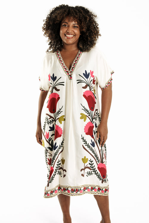 Jurk van bedrukte viscose in folkstijl-Paprika-1