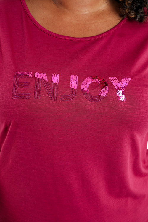 Effen katoenen T-shirt Enjoy met pailletten-Paprika-6