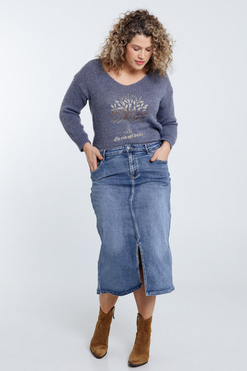Halflange, effen rok met split vooraan en 5 zakken-Paprika-8