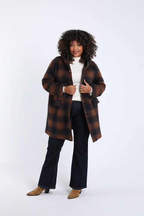 Wollen mantel met ruitpatroon en capuchon-Paprika-9