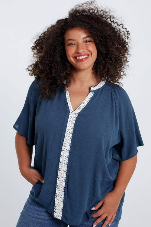 Effen viscose blouse met macramé-Paprika-1
