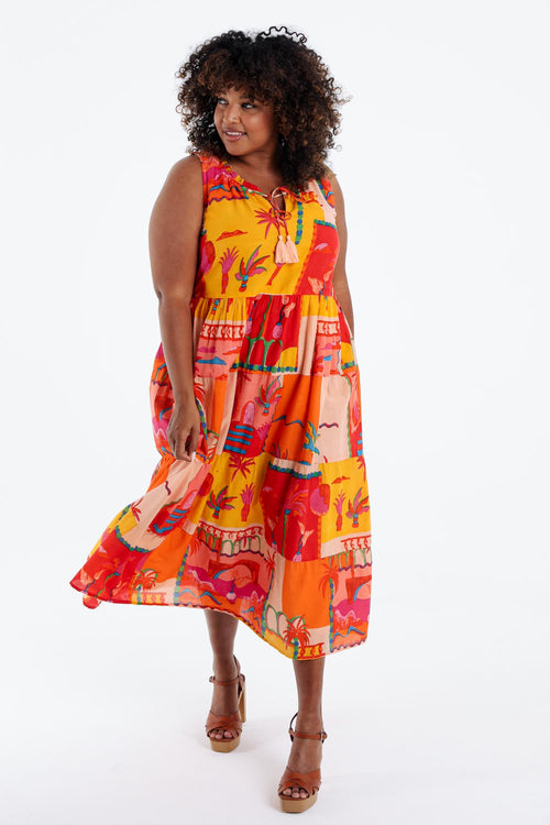 Robe en coton imprimé patch tropical-Paprika-7
