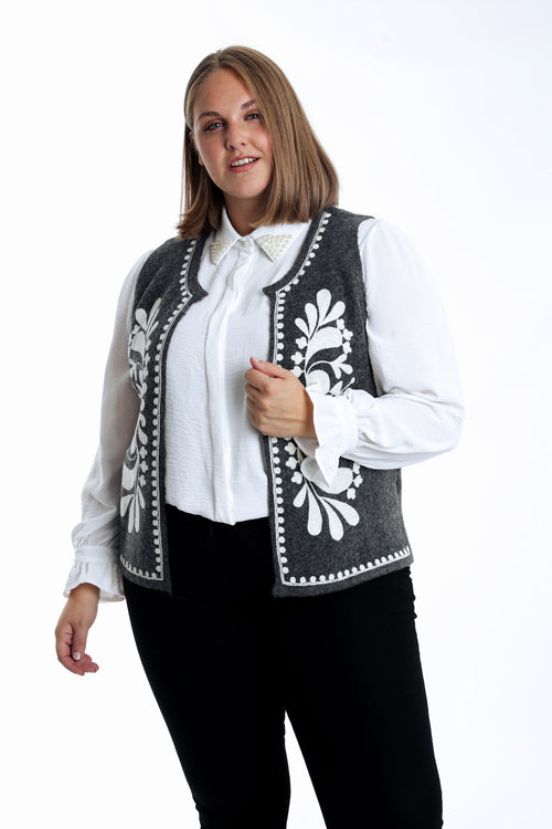 Effen mouwloos gilet met borduursels-Paprika-1