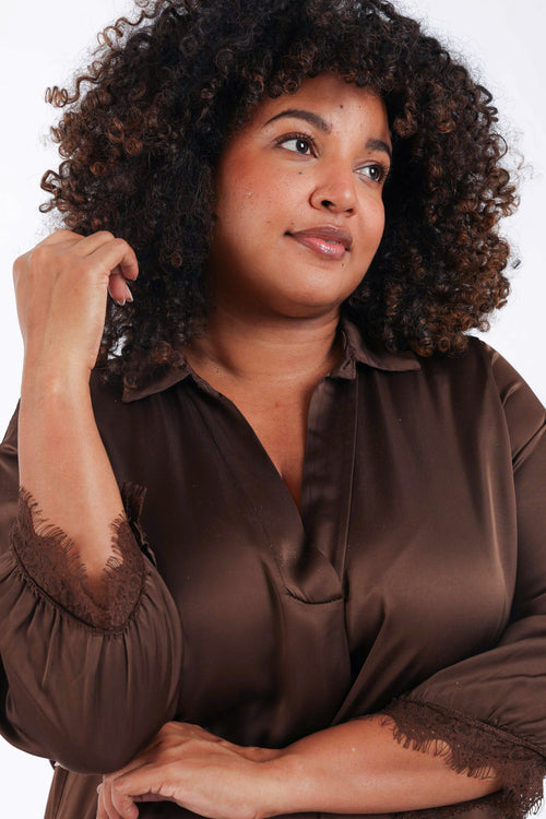 Effen satijnen jurk van viscose met kant-Paprika-4