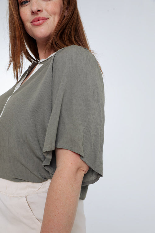Blouse en viscose unie et macramé-Paprika-6