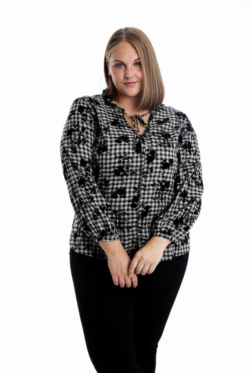 Blouse van katoen met vichyprint en flockbloemen-Paprika-1