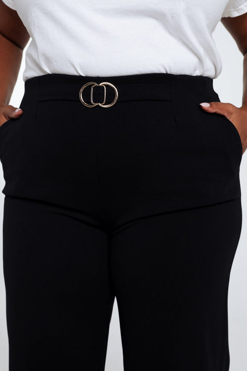 Effen rechte broek met halve riem met gouden gesp-Paprika-4