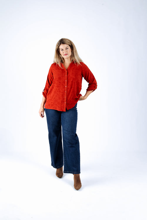 Effen overhemd met reliëf bloemenpatroon-Paprika-6