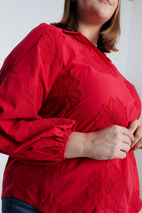 Blouse en coton unie avec fleurs brodées-Paprika-4