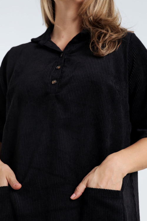 Korte, effen corduroy jurk met opgestikte zakken-Paprika-5