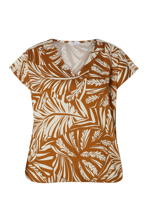 Blouse van bicolor bladprint viscose-Paprika-10