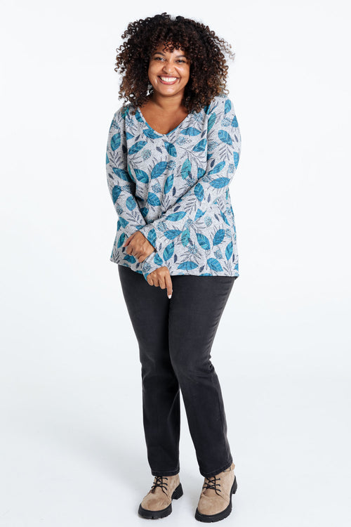 Warm gebreid T-shirt met bladprint en strasssteentjes-Paprika-7