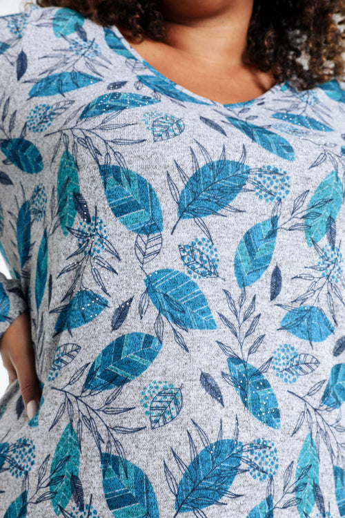 Warm gebreid T-shirt met bladprint en strasssteentjes-Paprika-4