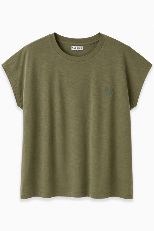 Effen katoenen T-shirt met textuur + geborduurd hart-Paprika-1