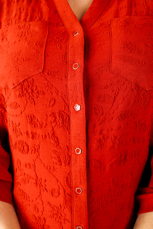 Effen overhemd met reliëf bloemenpatroon-Paprika-5