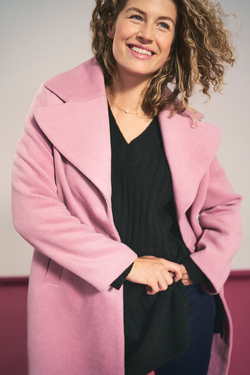 Lange, wollen jas met grote kraag en drukknopen-Paprika-1