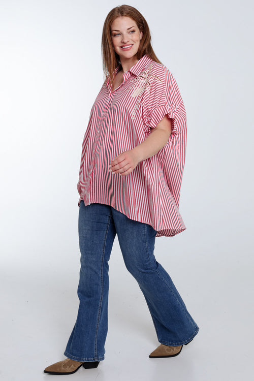 Chemise oversize rayée en coton avec broderies-Paprika-9