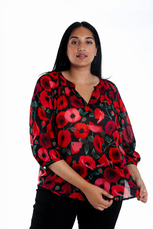 Blouse en coton imprimé coquelicots-Paprika-1