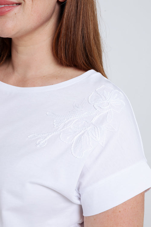 Effen katoenen T-shirt met geborduurde bloemen-Paprika-4