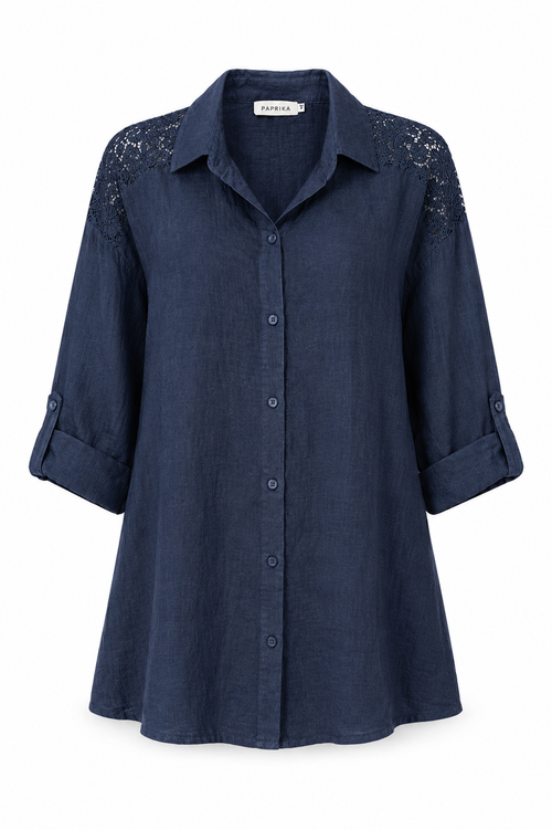 Effen linnen blouse met kant-Paprika-1