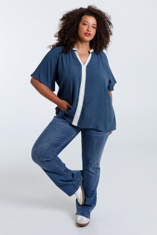 Effen viscose blouse met macramé-Paprika-8