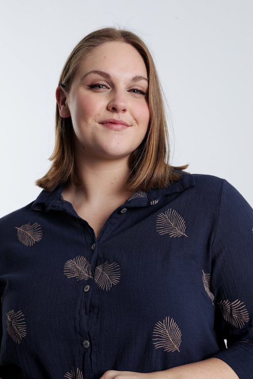 Chemise en coton unie avec feuilles brodées-Paprika-3