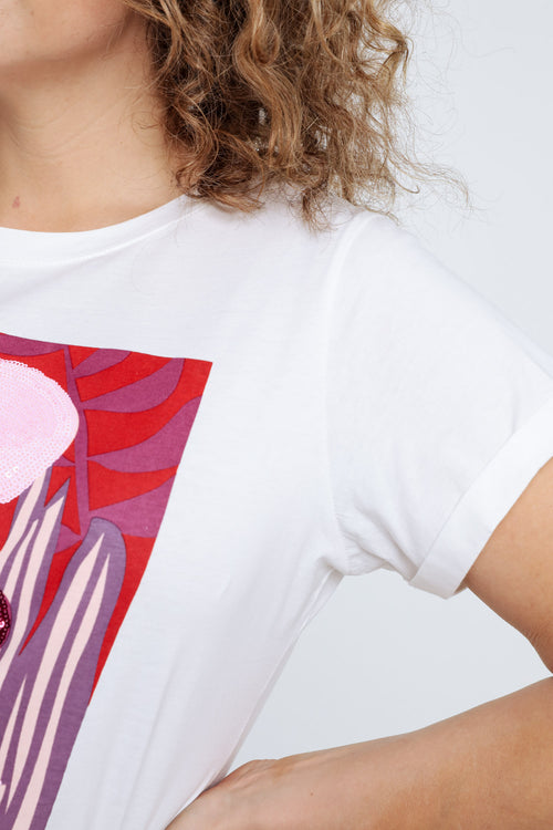 Katoenen T-shirt met gekleurde print en pailletten-Paprika-5
