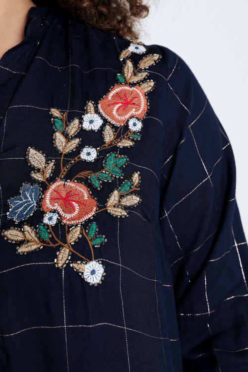 Lange, geruite blouse in viscose met borduurwerk-Paprika-5