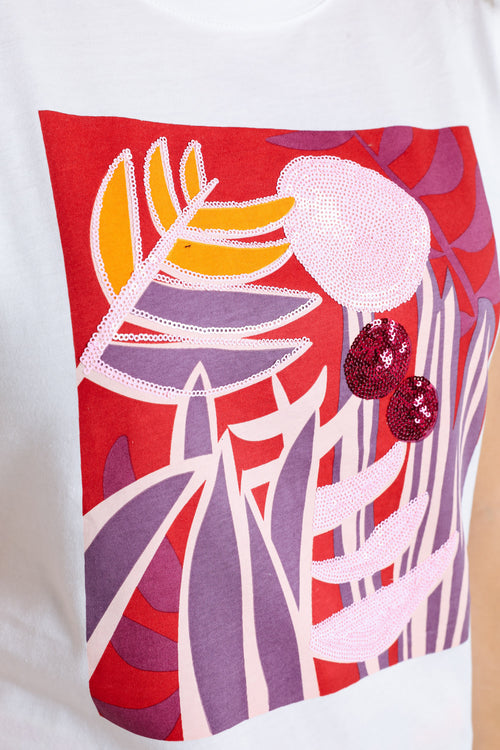 Katoenen T-shirt met gekleurde print en pailletten-Paprika-4