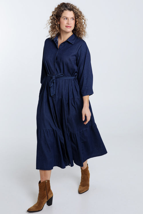 Longue robe à volant en jeans-Paprika-7