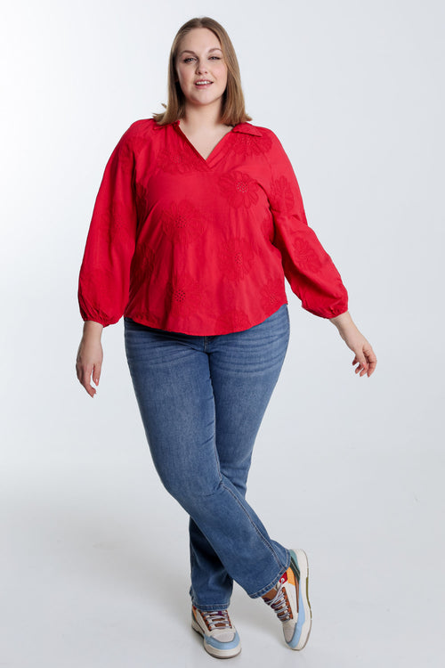 Blouse en coton unie avec fleurs brodées-Paprika-8