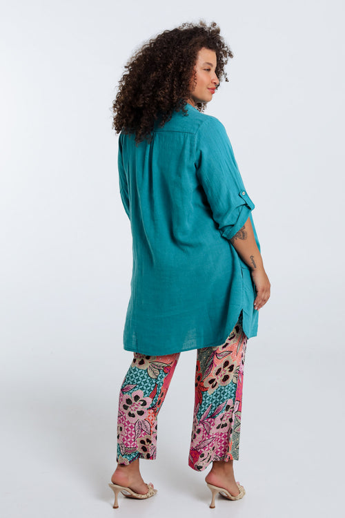 Effen lange linnen en viscose blouse-Paprika-2
