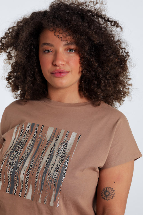 T-shirt uni en coton avec imprimé foil et léopard-Paprika-6