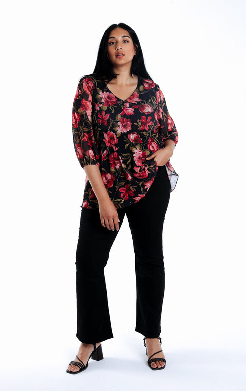 T-shirt met bloemenprint en mesh-Paprika-6