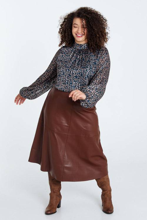 Jupe mi-longue unie en faux cuir-Paprika-9