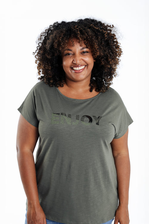 Effen katoenen T-shirt Enjoy met pailletten-Paprika-2