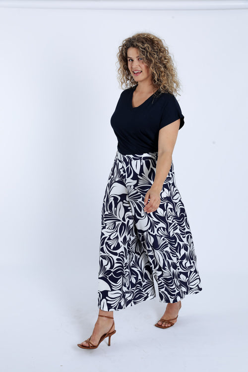 Pantalon large 7/8 en viscose imprimé floral bicolore-Paprika-8