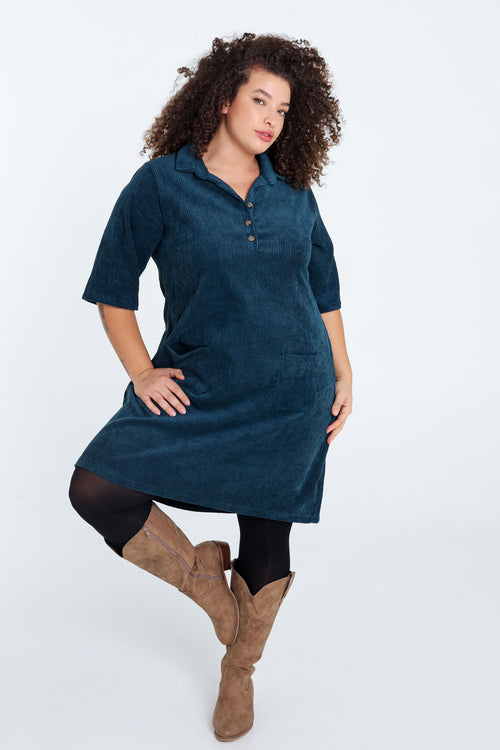 Korte, effen corduroy jurk met opgestikte zakken-Paprika-7