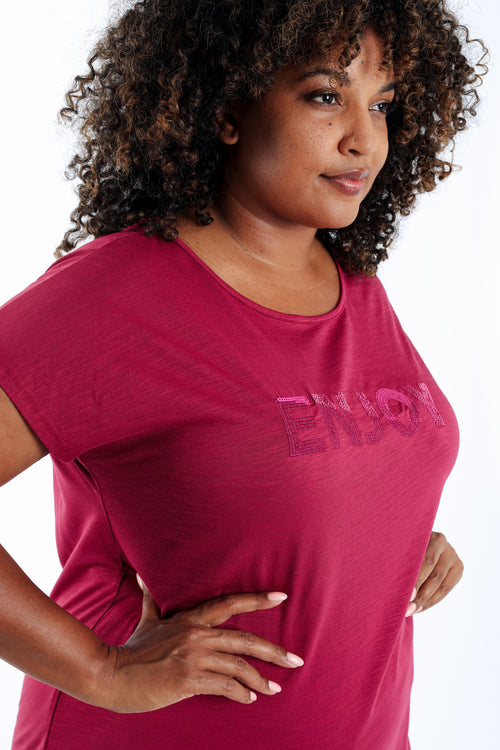 Effen katoenen T-shirt Enjoy met pailletten-Paprika-4
