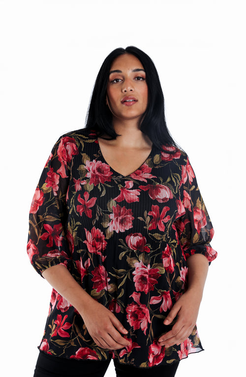 T-shirt met bloemenprint en mesh-Paprika-1